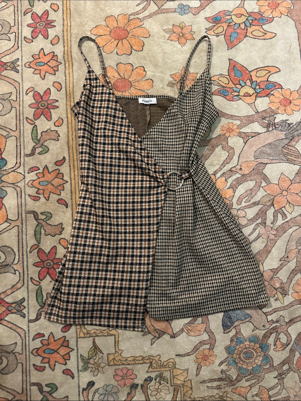 Asymmetric Checked Wrap Mini Dress with Side Ring - Brown/Beige